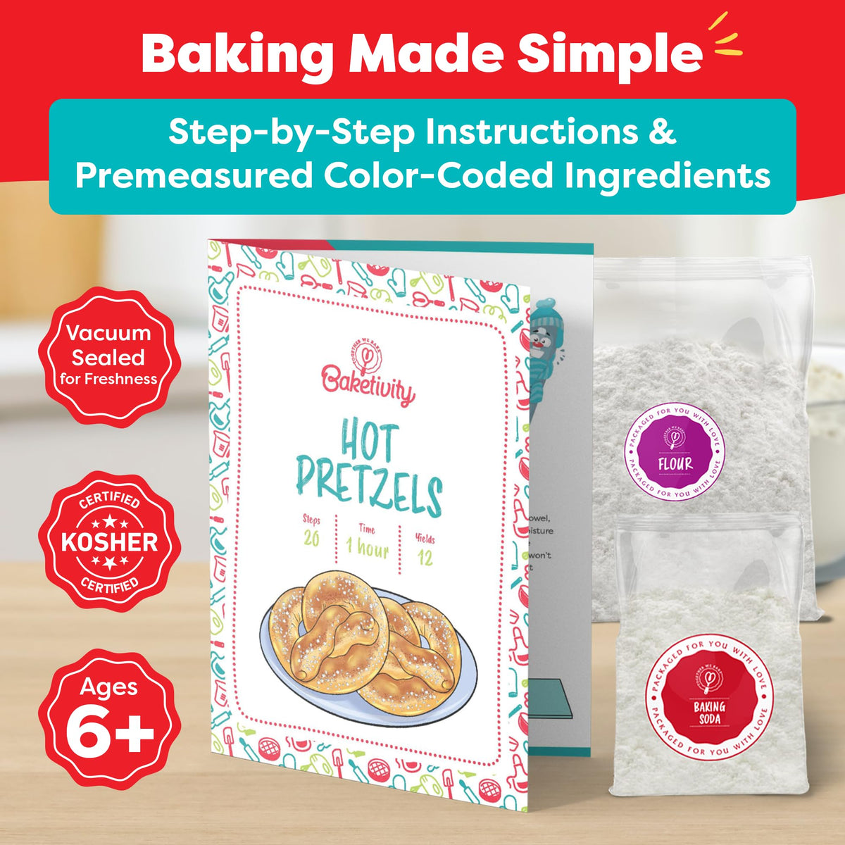 Baketivity pretzel kit dry ingredients laid out for quick family baking session.