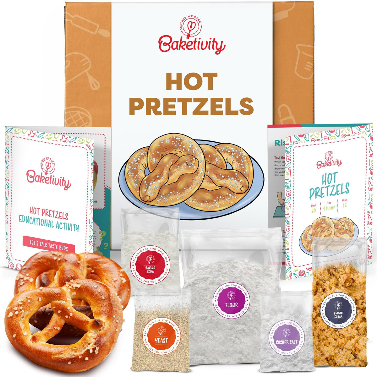 Baketivity pretzel making kit box opens for family-friendly baking fun.