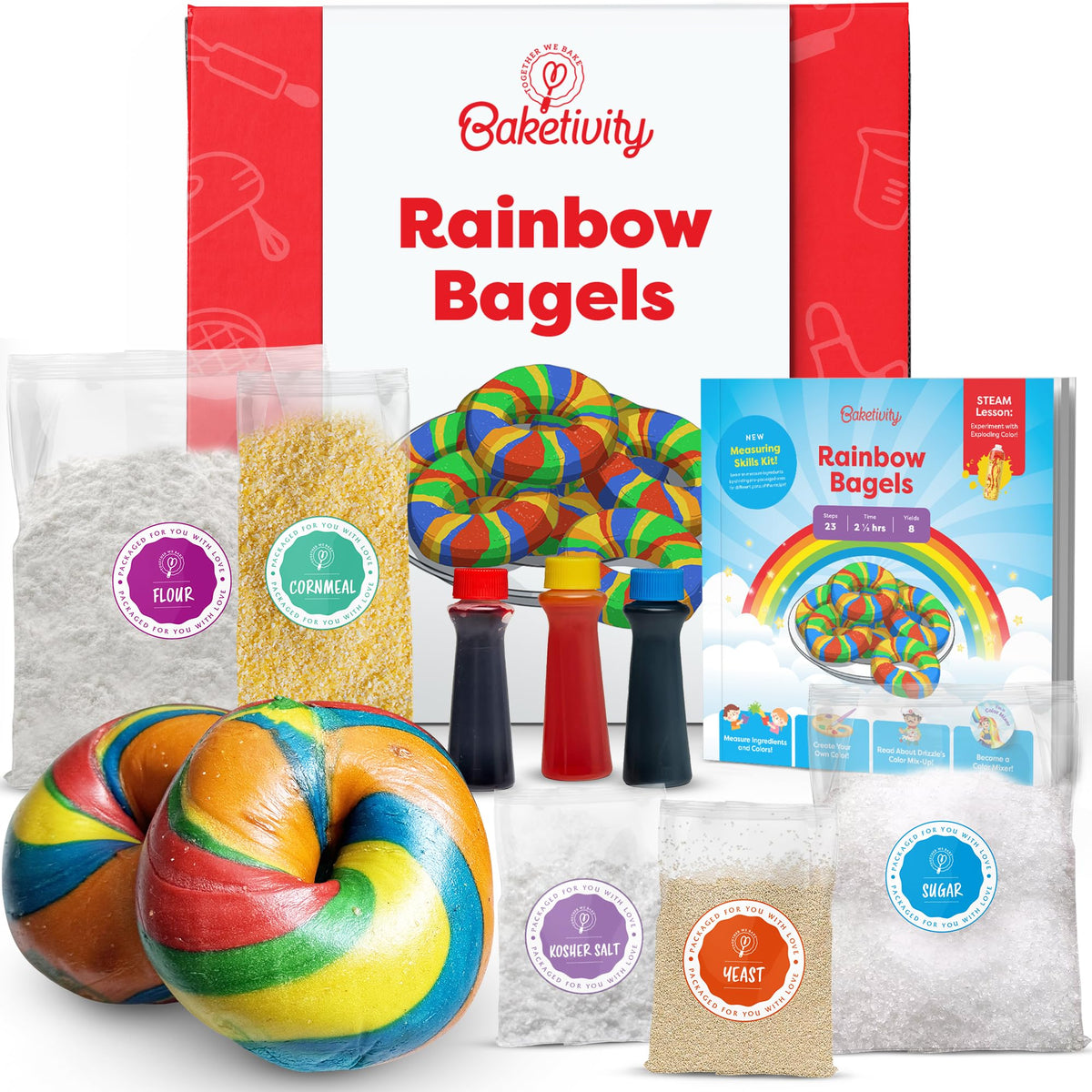 Baketivity rainbow bagel kit ingredients laid out for colorful baking fun.