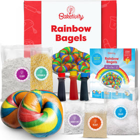 Baketivity rainbow bagel kit ingredients laid out for colorful baking fun.