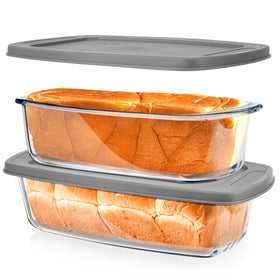 BAKEWAY glass loaf pans 2pc set with lids for secure storage and even baking.