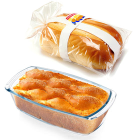BAKEWAY borosilicate glass loaf pan in oven for even browning.