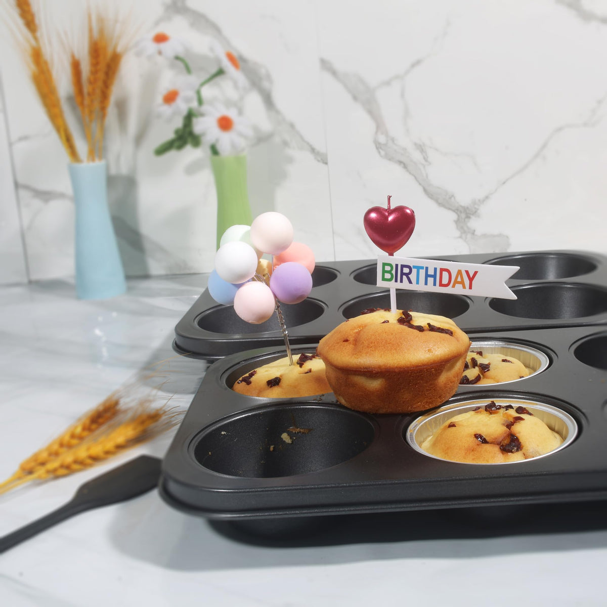 Bakexcel jumbo muffin pan easy cleanup image shows PFAS-free coating and simple removal.