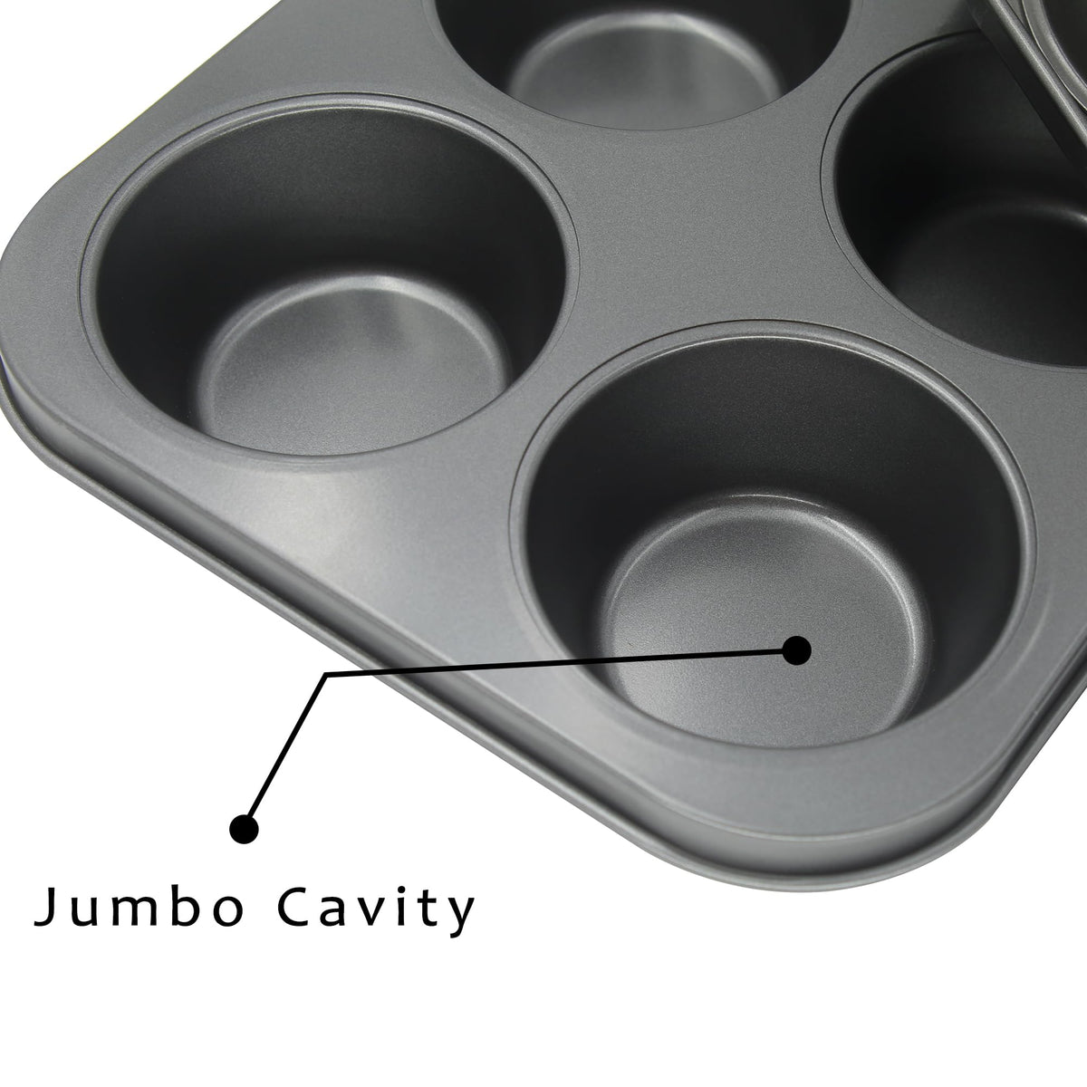 Bakexcel jumbo muffin pan side view emphasizes durable carbon steel that endures regular use.