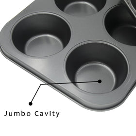Bakexcel jumbo muffin pan side view emphasizes durable carbon steel that endures regular use.