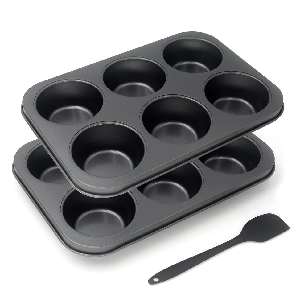 Bakexcel jumbo muffin pan top view highlights six oversized cups for party-sized muffins.