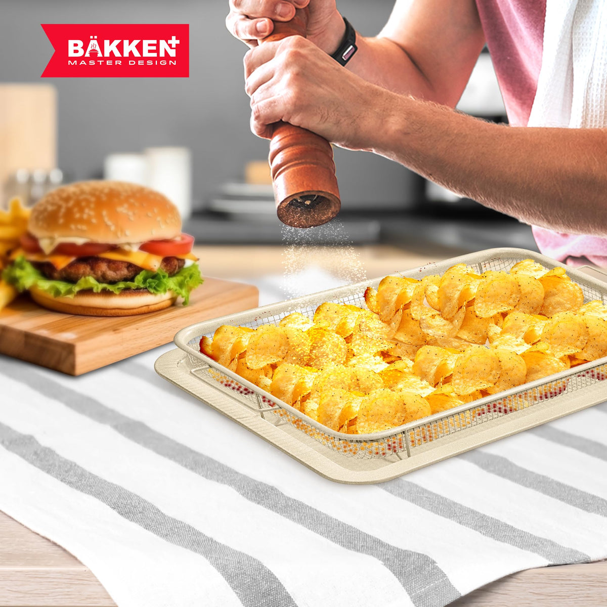 Bakken Swiss Crisper Tray dishwasher-safe and nests inside the tray for compact storage.