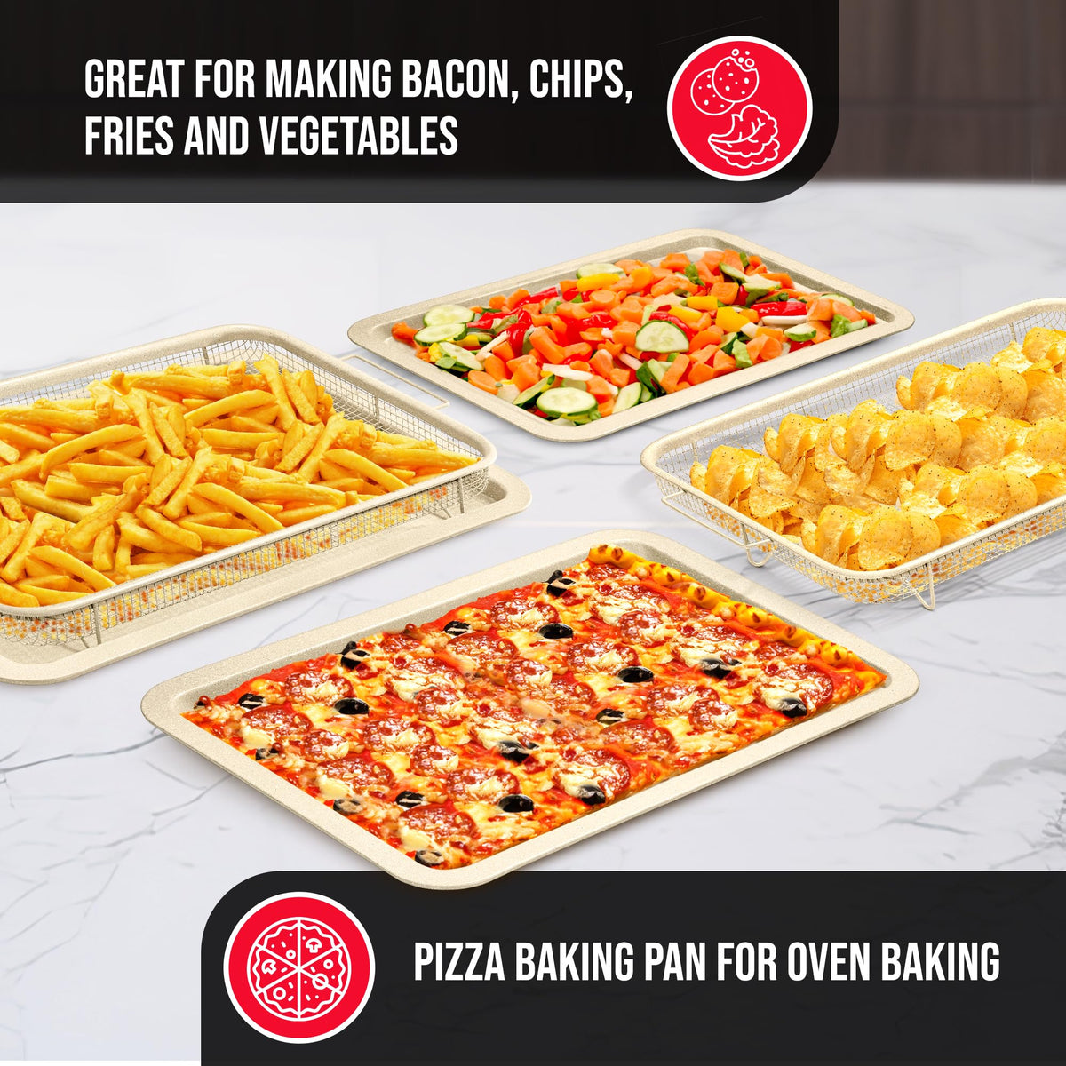 Bakken Swiss Crisper Tray oven-compatible design fits most ovens for versatile cooking sessions.