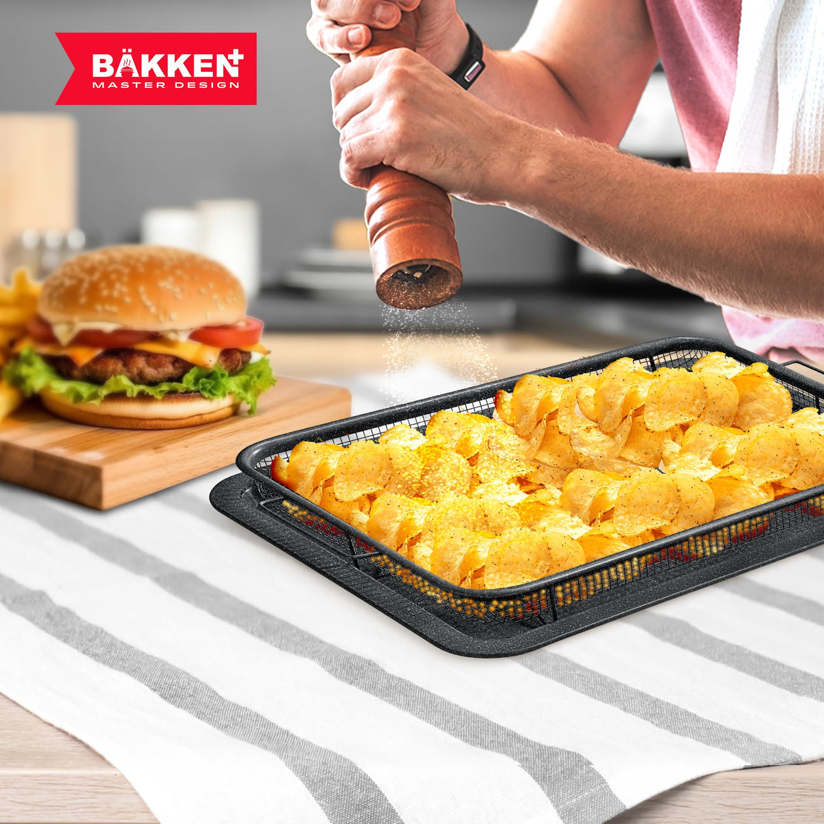 Bakken-Swiss Crisper Tray stackable design saves cabinet space.