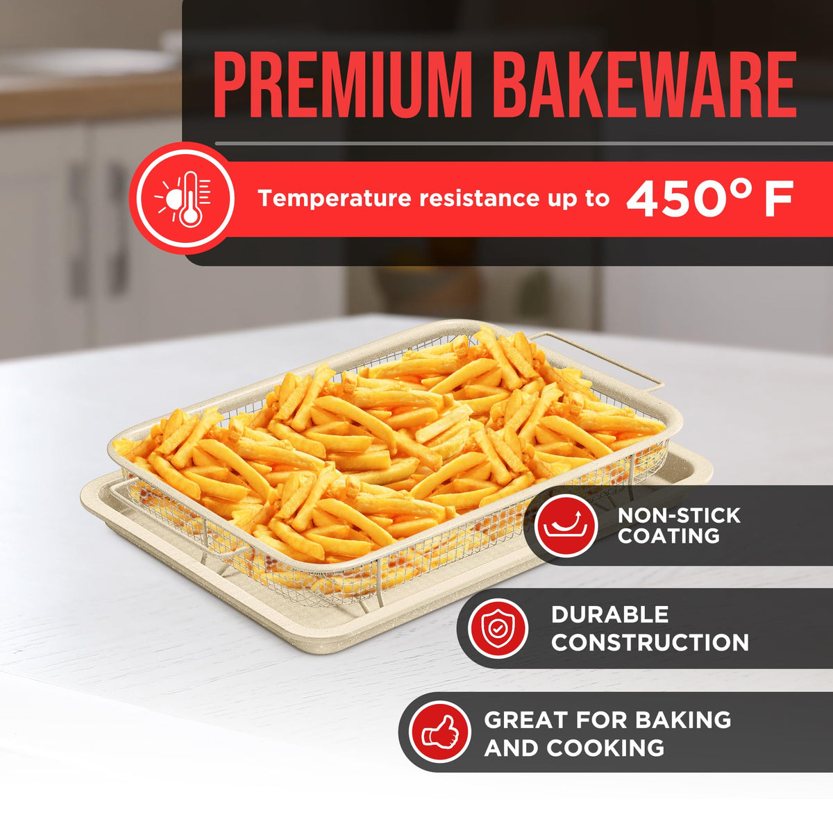 Bakken Swiss Crisper Tray white marble finish complements kitchens and boosts browning consistency.