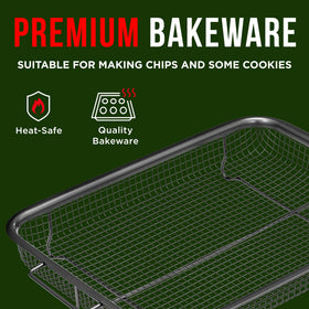 Bakken Swiss elevated mesh crisper basket promotes air circulation for crispy results.
