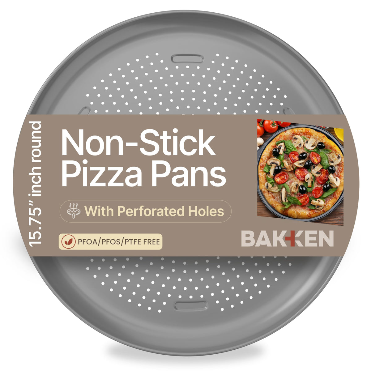 BAKKENMASTER 16-inch perforated pizza pan top view highlights spacious surface for toppings