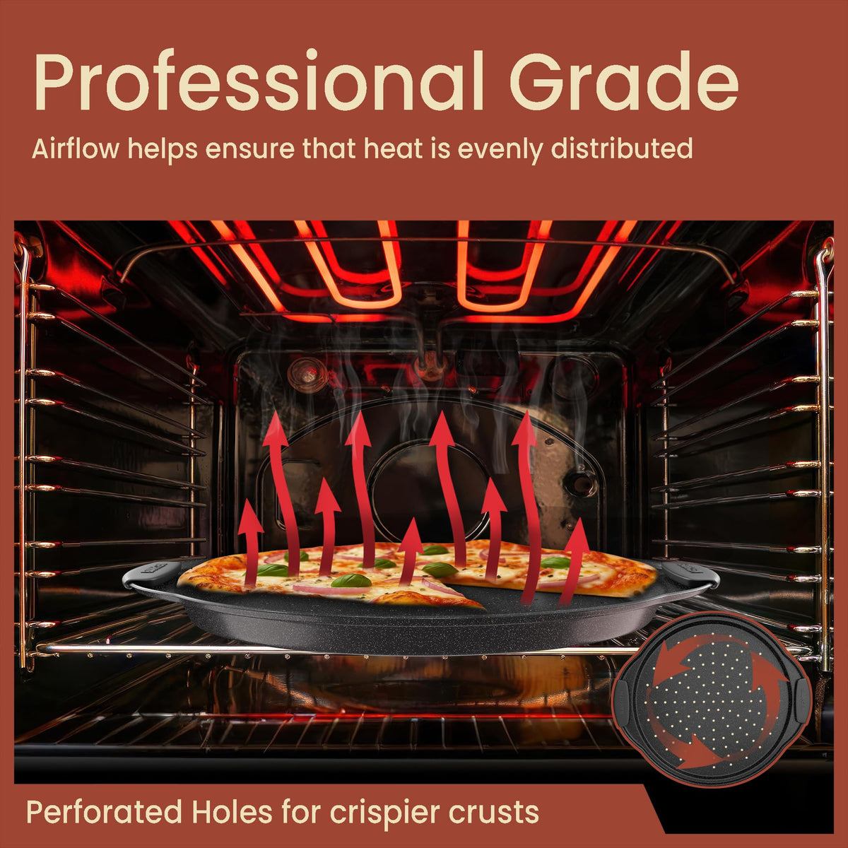 BakkenMaster perforated design promotes even heat for crisp crusts.