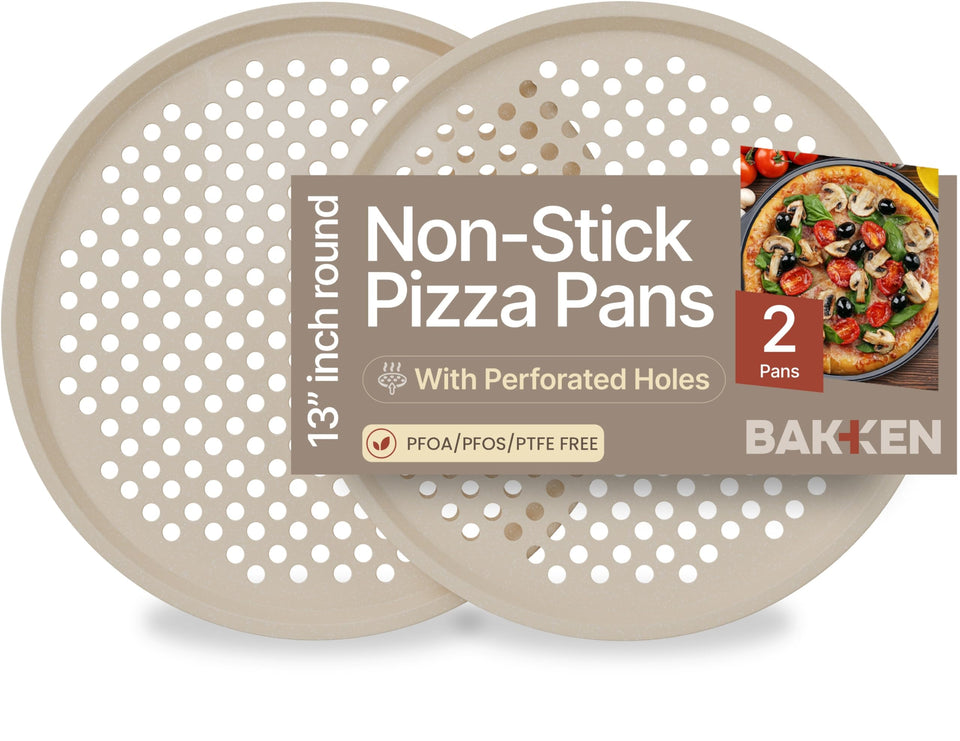 BAKKENMASTER pizza baking pan round perforated for crispy crust and even cooking.