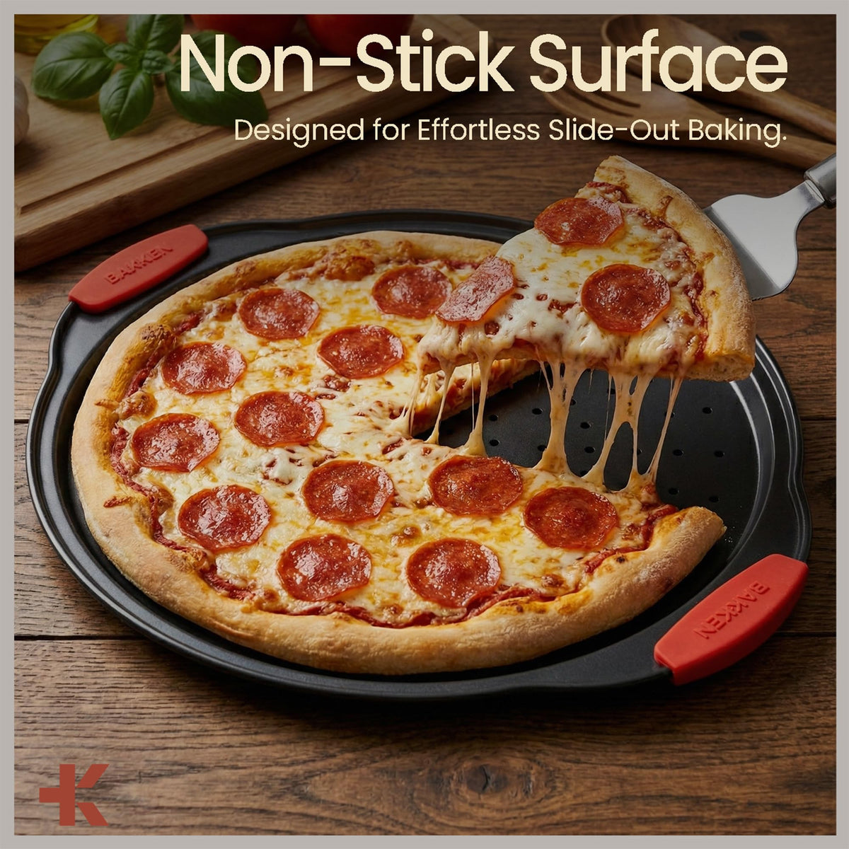 BAKKENMASTER pizza pan with oversized silicone handle for comfortable grip