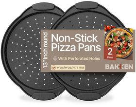 BakkenMaster pizza pan with round perforated design for crispy crusts.