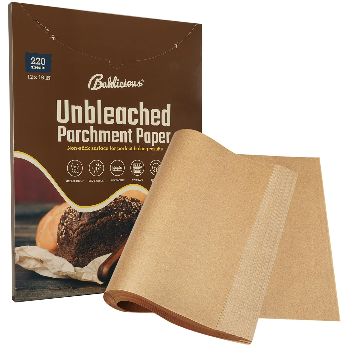 Baklicious 220pcs unbleached parchment sheets on a baking tray for mess-free prep