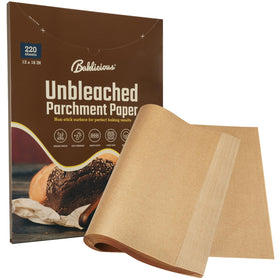 Baklicious 220pcs unbleached parchment sheets on a baking tray for mess-free prep