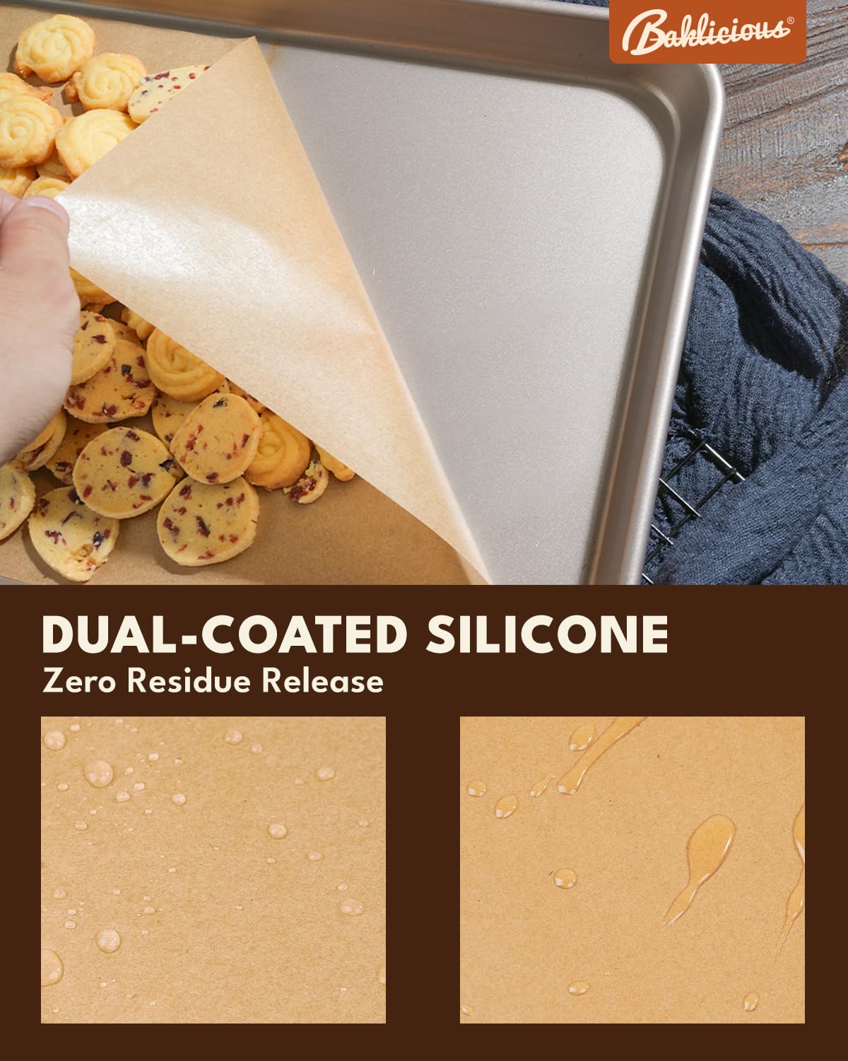 Baklicious greaseproof and waterproof parchment paper enabling easy cleaning after cooking