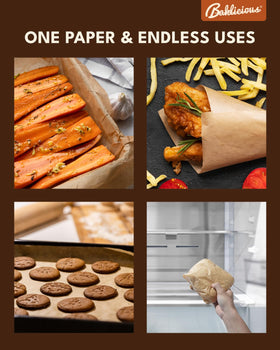 Baklicious multi-purpose parchment suitable for baking, steaming, and food storage.