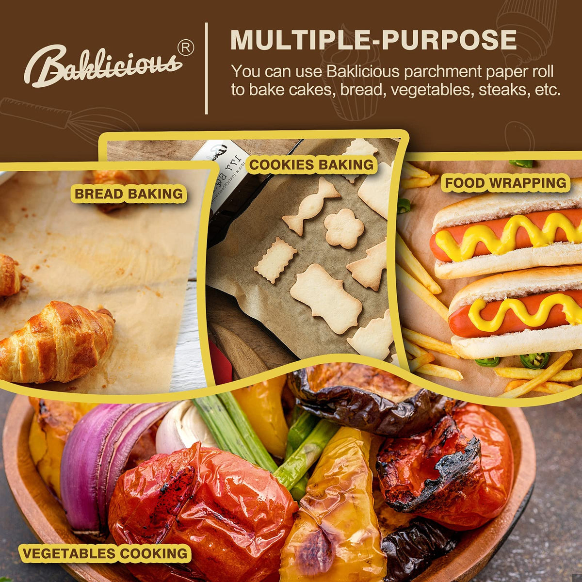 Baklicious multiuse parchment paper supports baking, roasting, and reheating tasks.