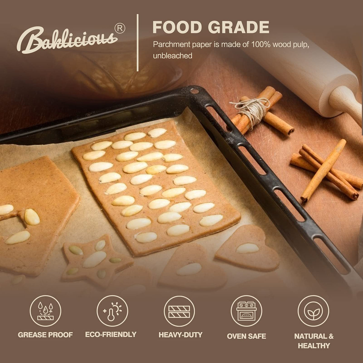 Baklicious natural wood pulp parchment paper is food-safe and unbleached