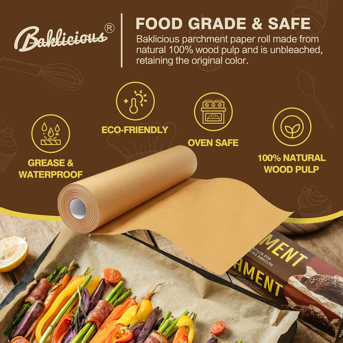 Baklicious non-stick parchment paper helps food release easily during baking.