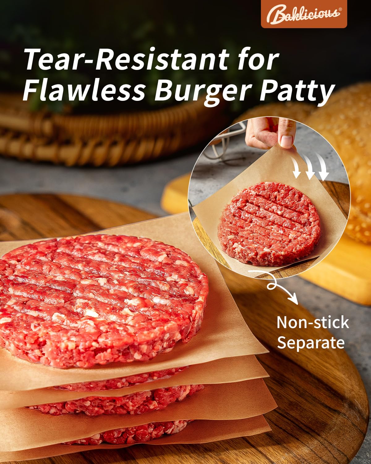 Baklicious Patty Paper separates frozen patties easily thanks to tear-resistant 40gsm sheets.