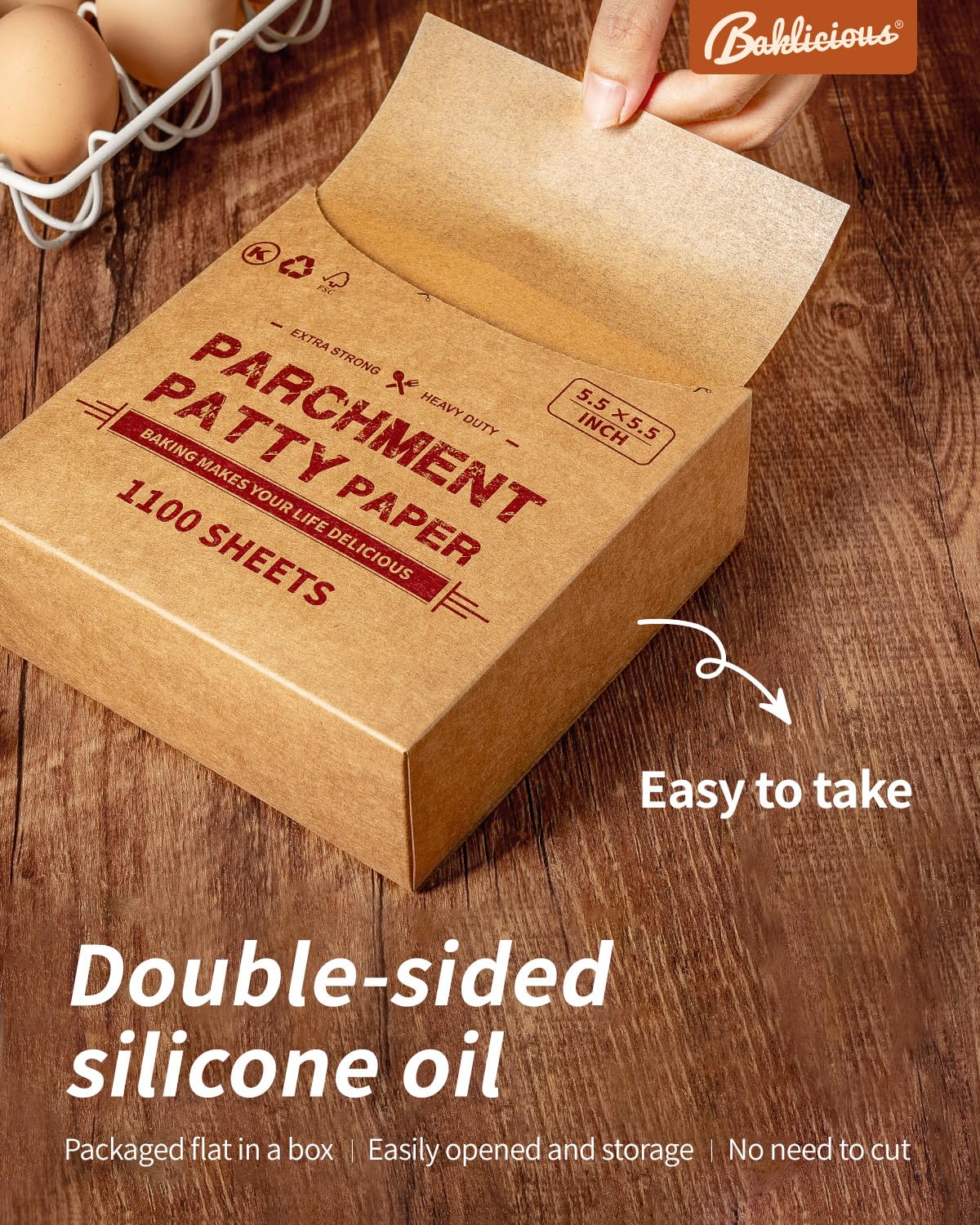 Baklicious Patty Paper storage box keeps sheets organized and within reach.
