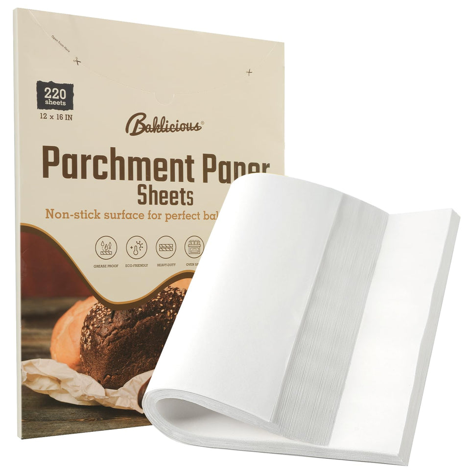 Baklicious pre-cut 12x16 parchment sheets for quick baking on any tray