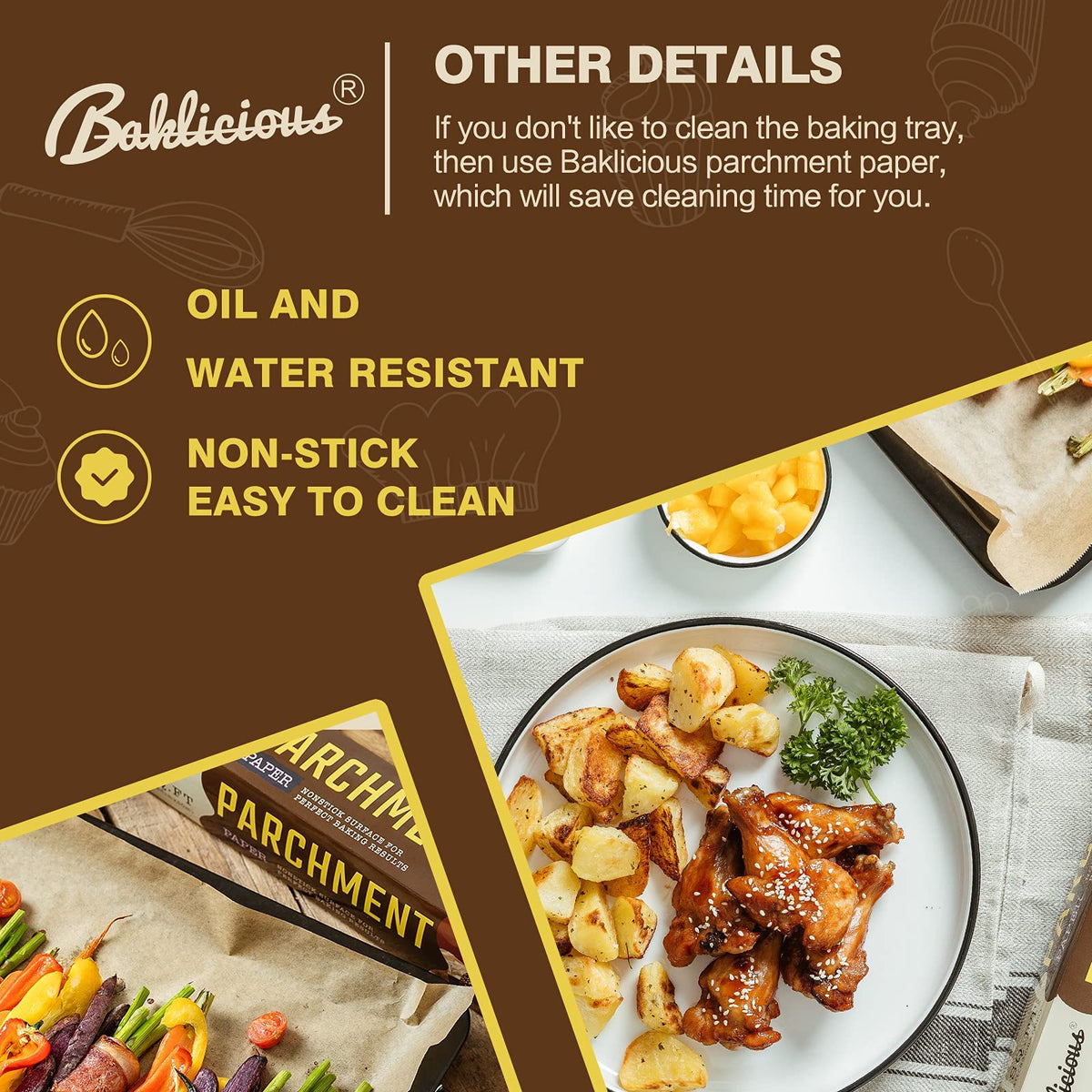 Baklicious temperature-resistant parchment paper works in ovens, toasters, and microwaves.