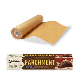 Baklicious unbleached parchment paper roll protects pans and fits any bakeware size.
