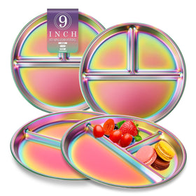 Bakpoco 9-inch divided toddler plates in rainbow finish for easy mealtime organization.