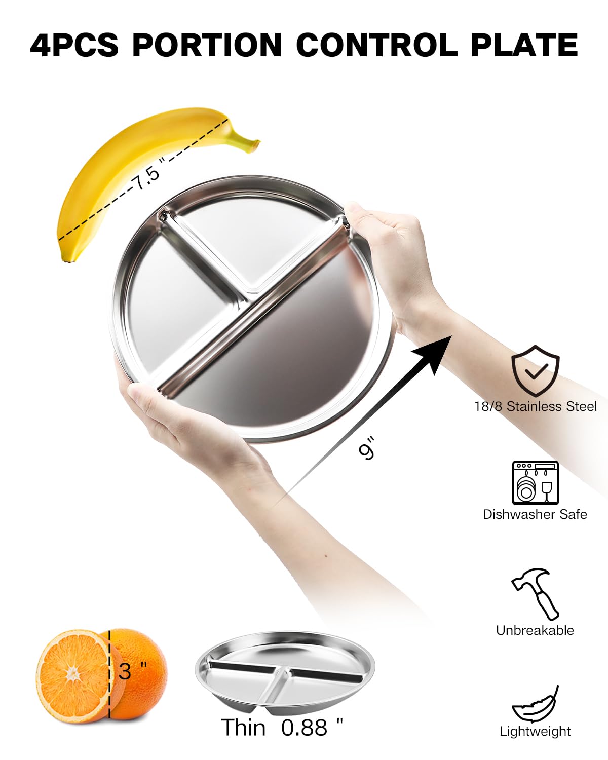 Bakpoco stainless steel kids plates with divided sections for balanced meals.
