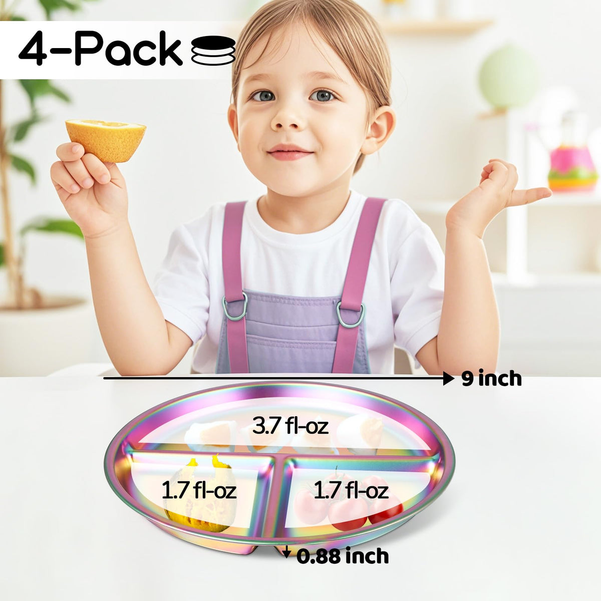 Bakpoco stainless steel toddler plate with rainbow finish, durable and kid-friendly.