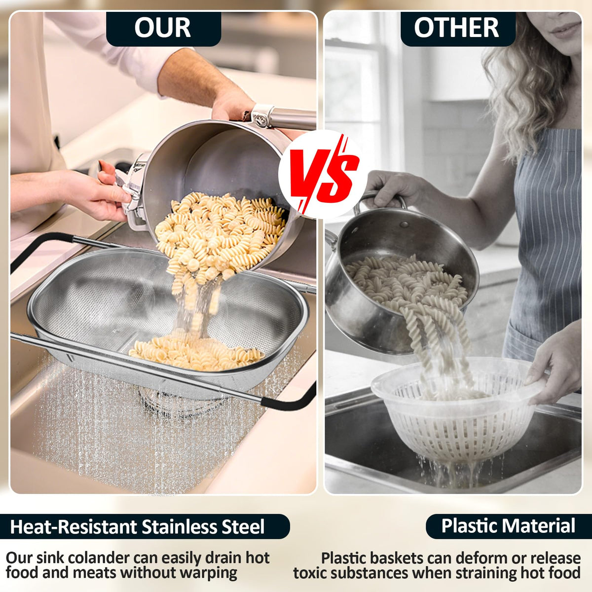 Balavina expandable colander with non-slip grip handle for easy draining.