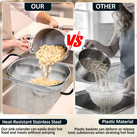 Balavina expandable colander with non-slip grip handle for easy draining.