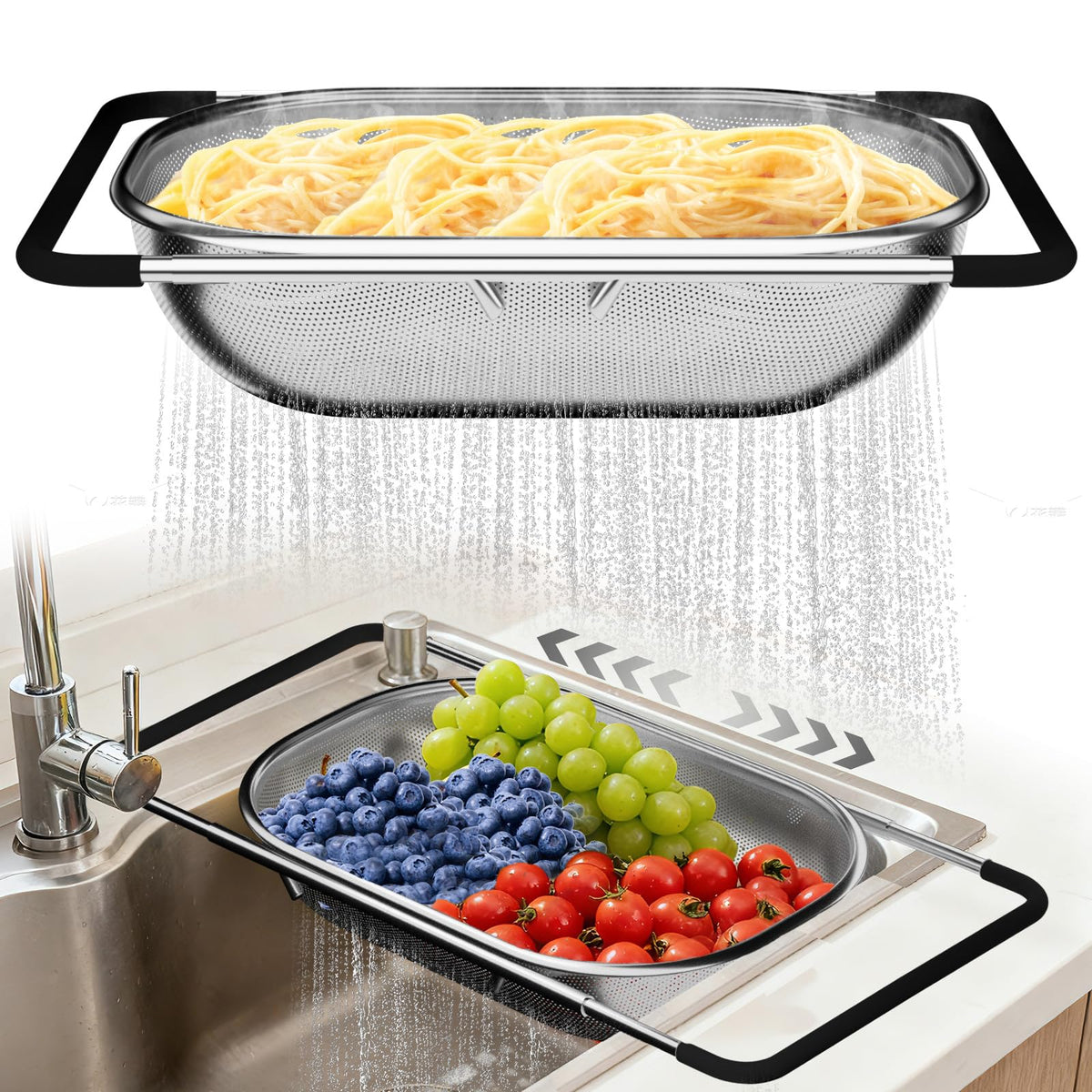 Balavina over the sink colander with extendable handle for easy draining.