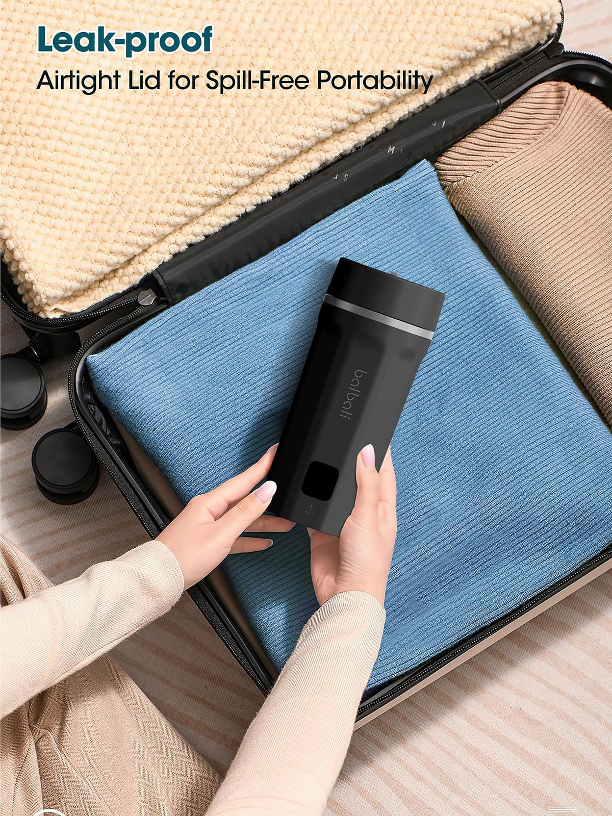 Balbali travel kettle compact size fits into bags for easy travel.
