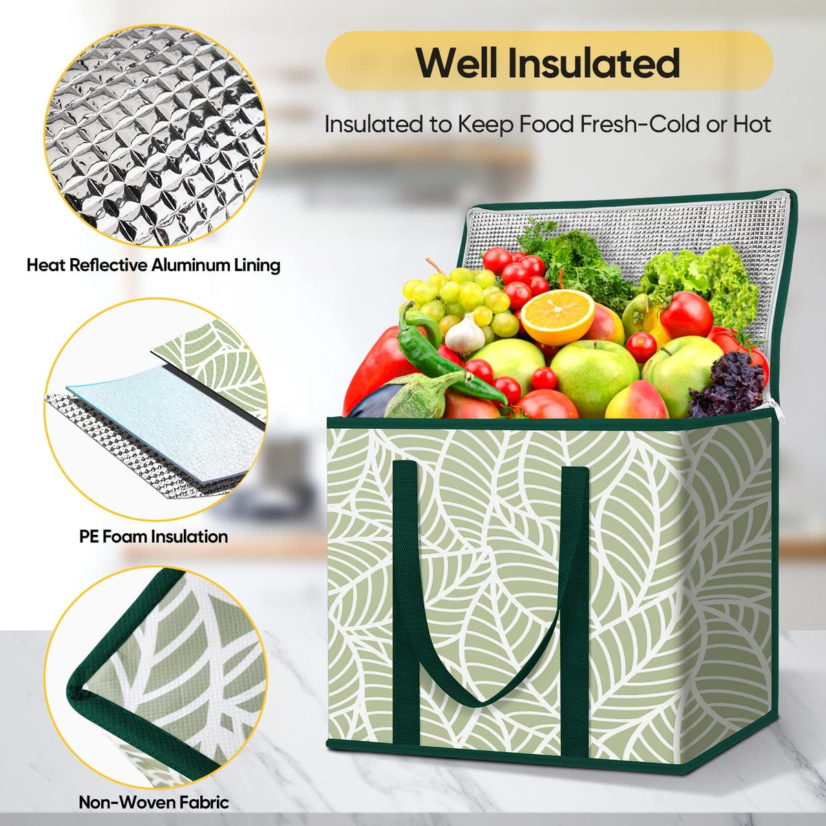 BALEINE insulated grocery bags antique foliage in-cart ready for shopping.