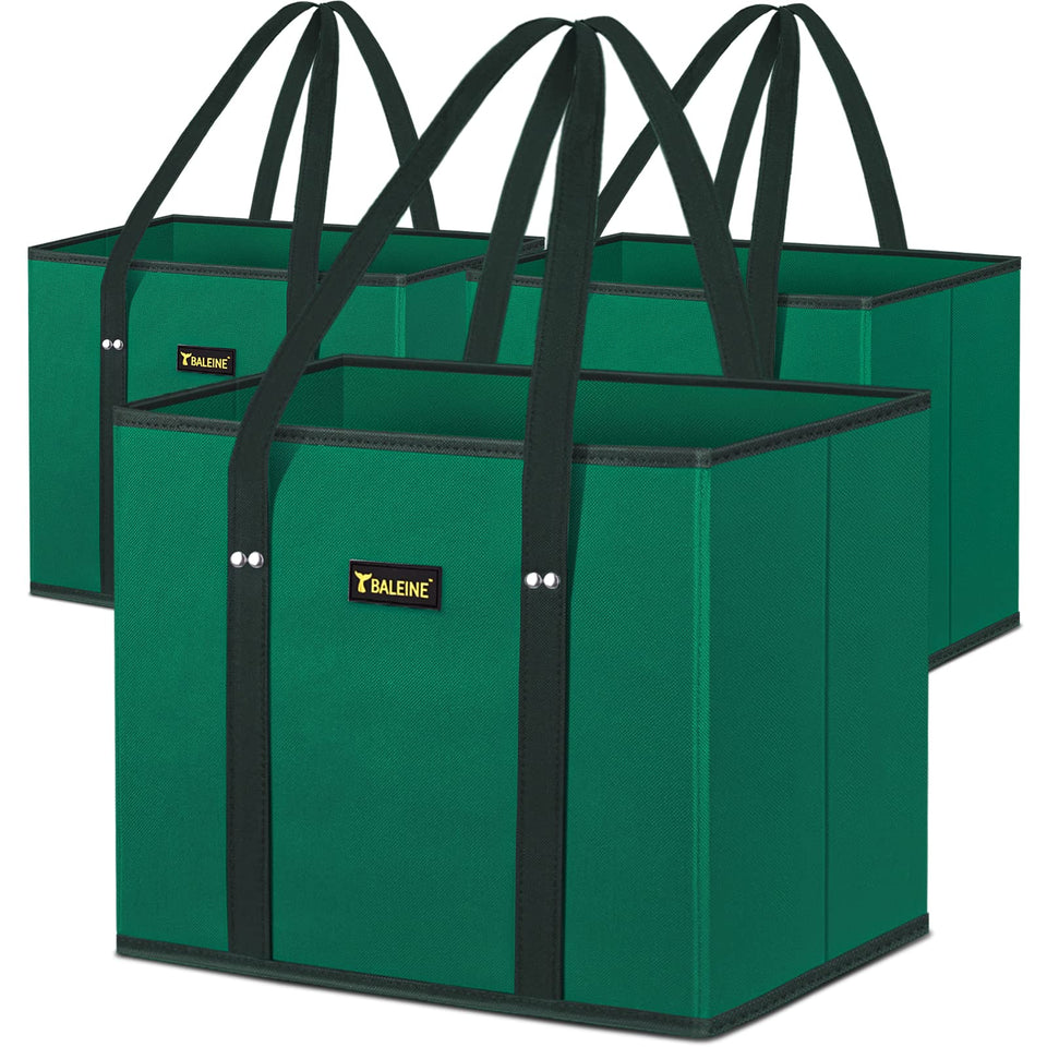 BALEINE 3Pk reusable grocery bags with foldable design and reinforced bottom for heavy loads.