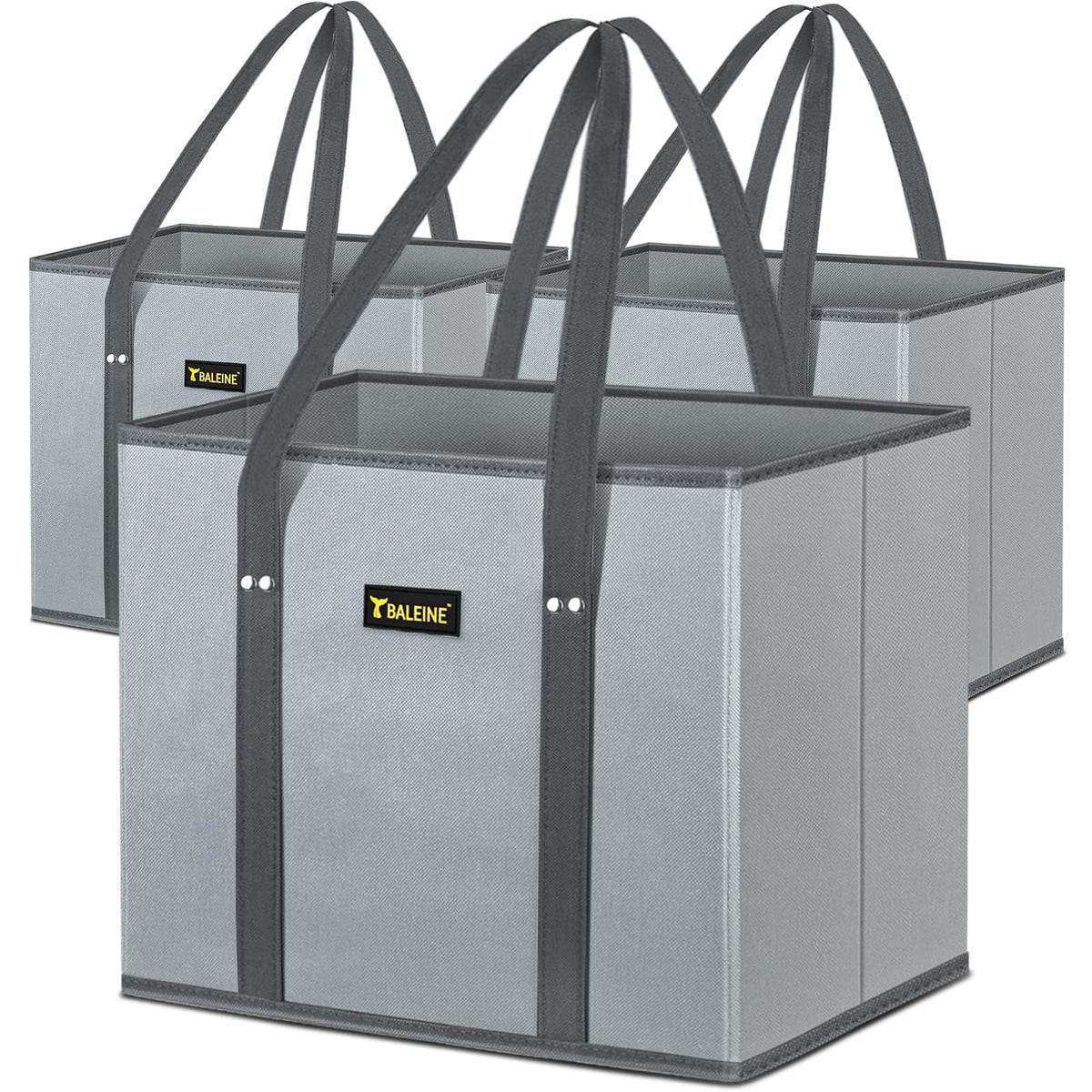 BALEINE 3PK gray reusable bags folded for compact storage and easy transport.