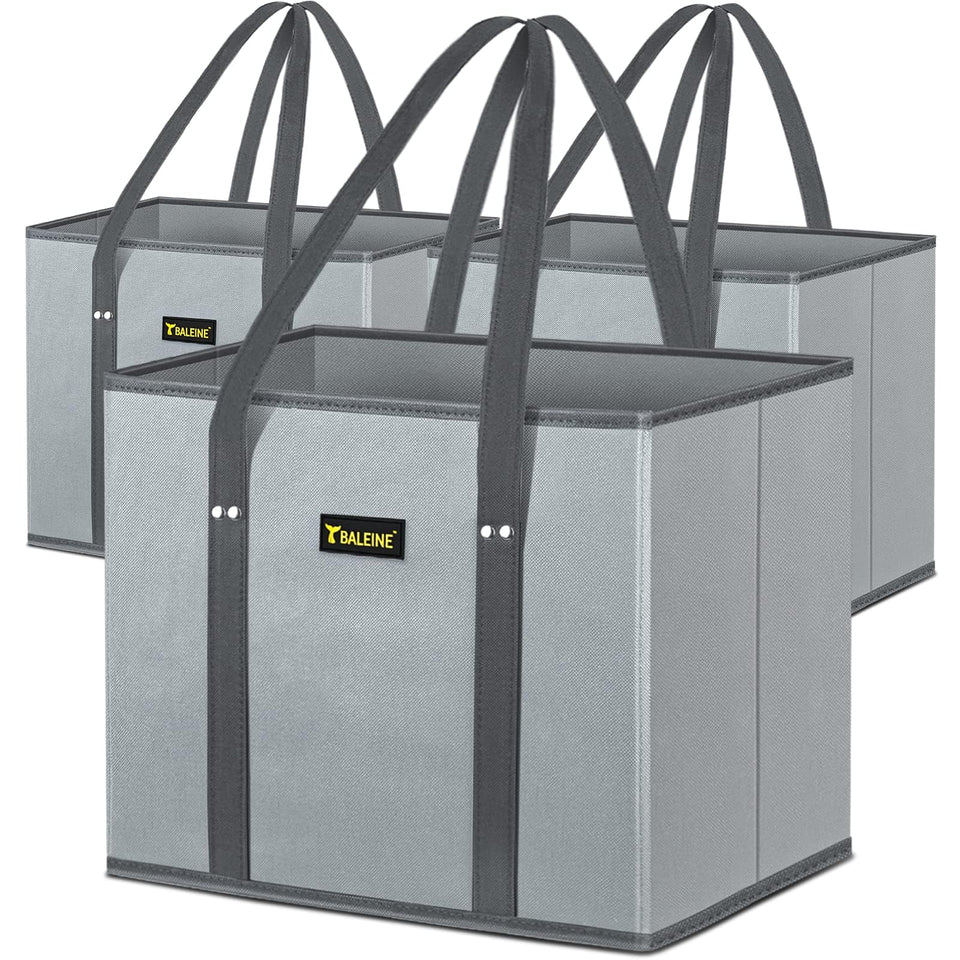 BALEINE 3PK gray reusable bags folded for compact storage and easy transport.