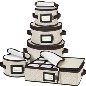 BALEINE china storage container front view shows soft shell cream protection for delicate dinnerware.