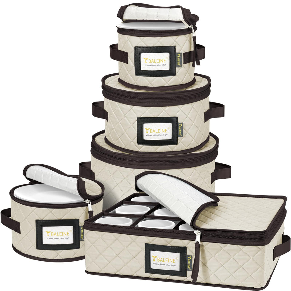 BALEINE china storage container front view shows soft shell cream protection for delicate dinnerware.