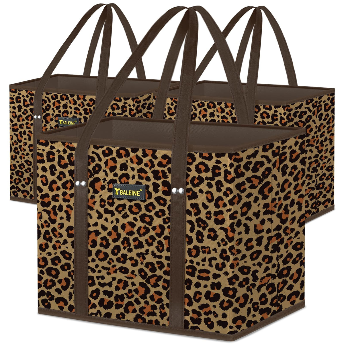 BALEINE Leopard 3Pk foldable bags demonstrate compact storage for quick grocery trips.