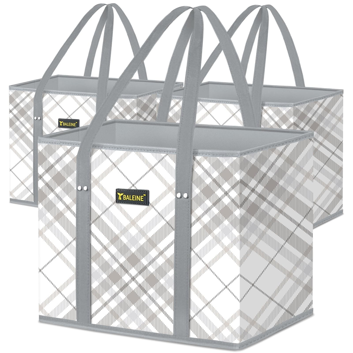 BALEINE plaid check tote folded for compact storage and eco-friendly reuse