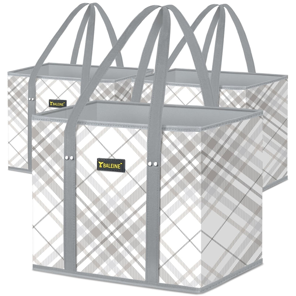 BALEINE plaid check tote folded for compact storage and eco-friendly reuse