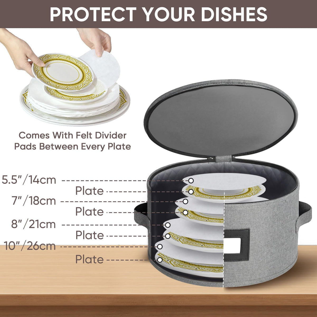 BALEINE plate and mug slots accommodate varied dinnerware sizes for efficient packing.