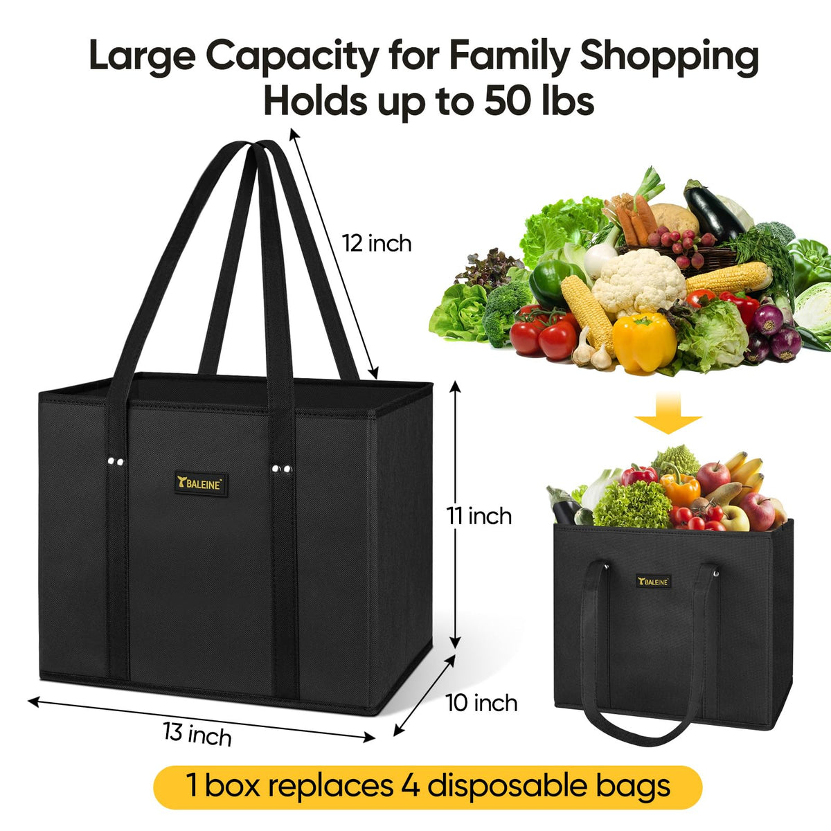 BALEINE reinforced-bottom totes support heavy groceries during loading